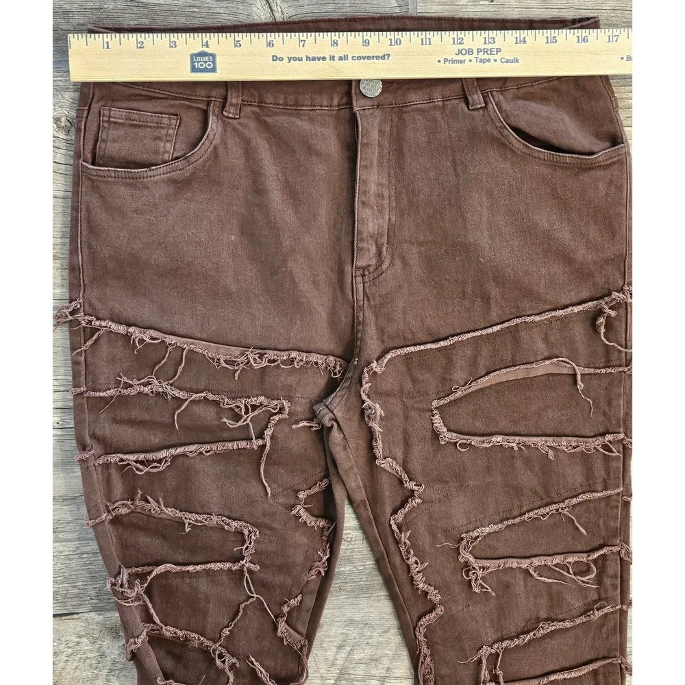GOTHIC GRUNGE Brown 34 Distressed Patchwork Jeans Streetwear Frayed Raw Edge